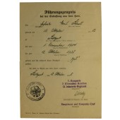 Certificado de desmovilización de la Wehrmacht. 1 Komp/ I Btl. Inf.Rgt 13, 1935 año